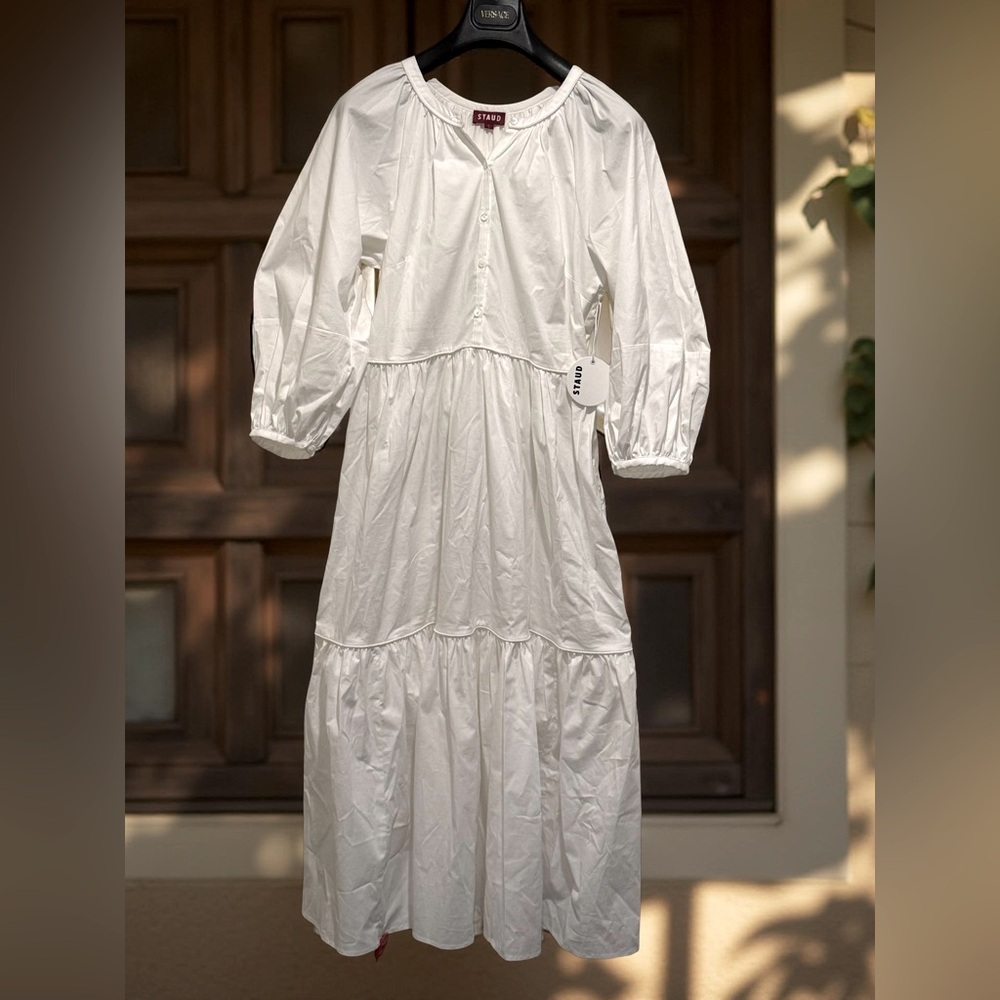 STAUD NWT Stunning White Buttoned Ruffled Bishop Sleeve Maxi Sundress - Picture 4 of 13